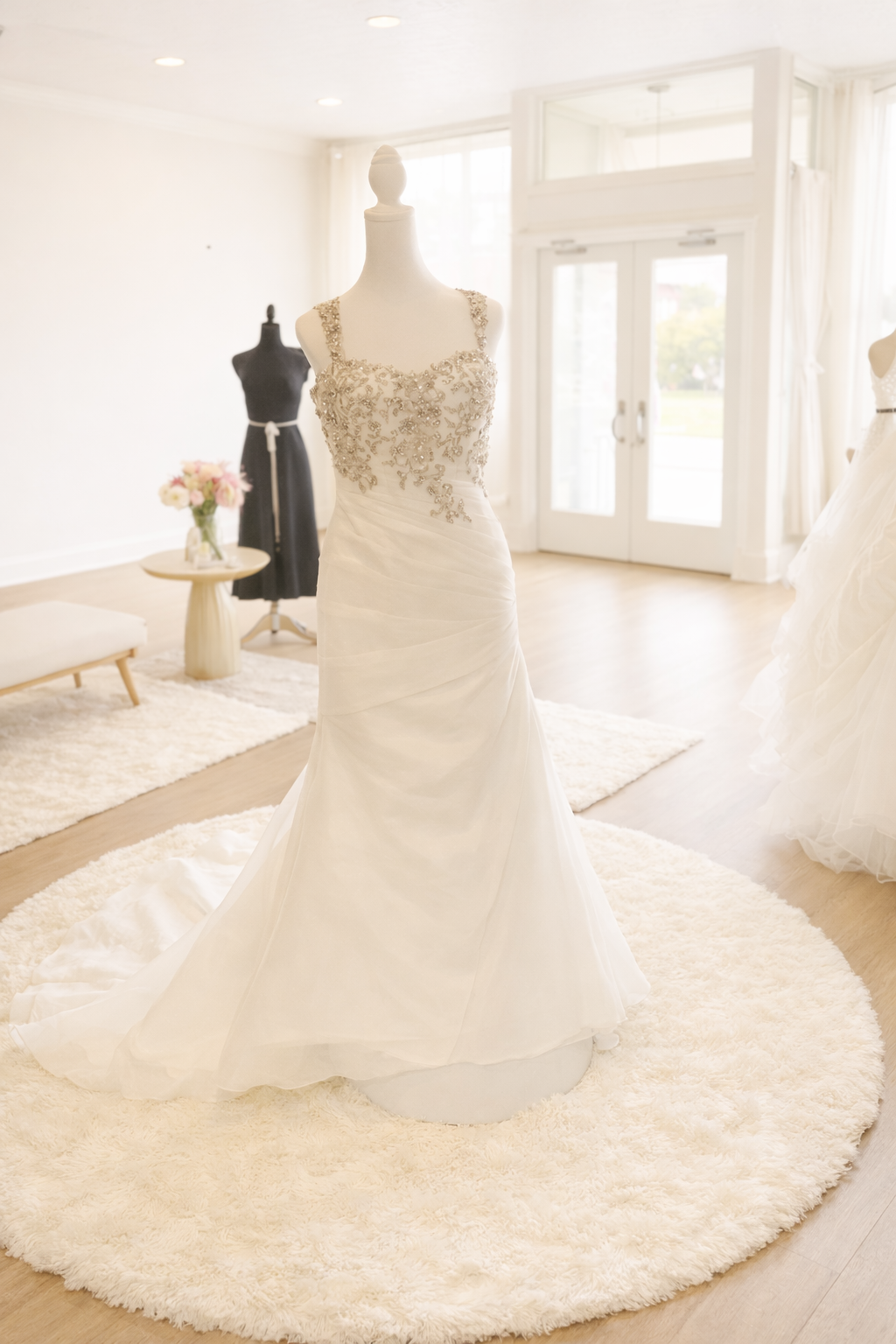 A white wedding dress with intricate beaded embroidery on the bodice displayed on a mannequin in a bright boutique. In the background, another dress and a small table with pink and white flowers are visible.