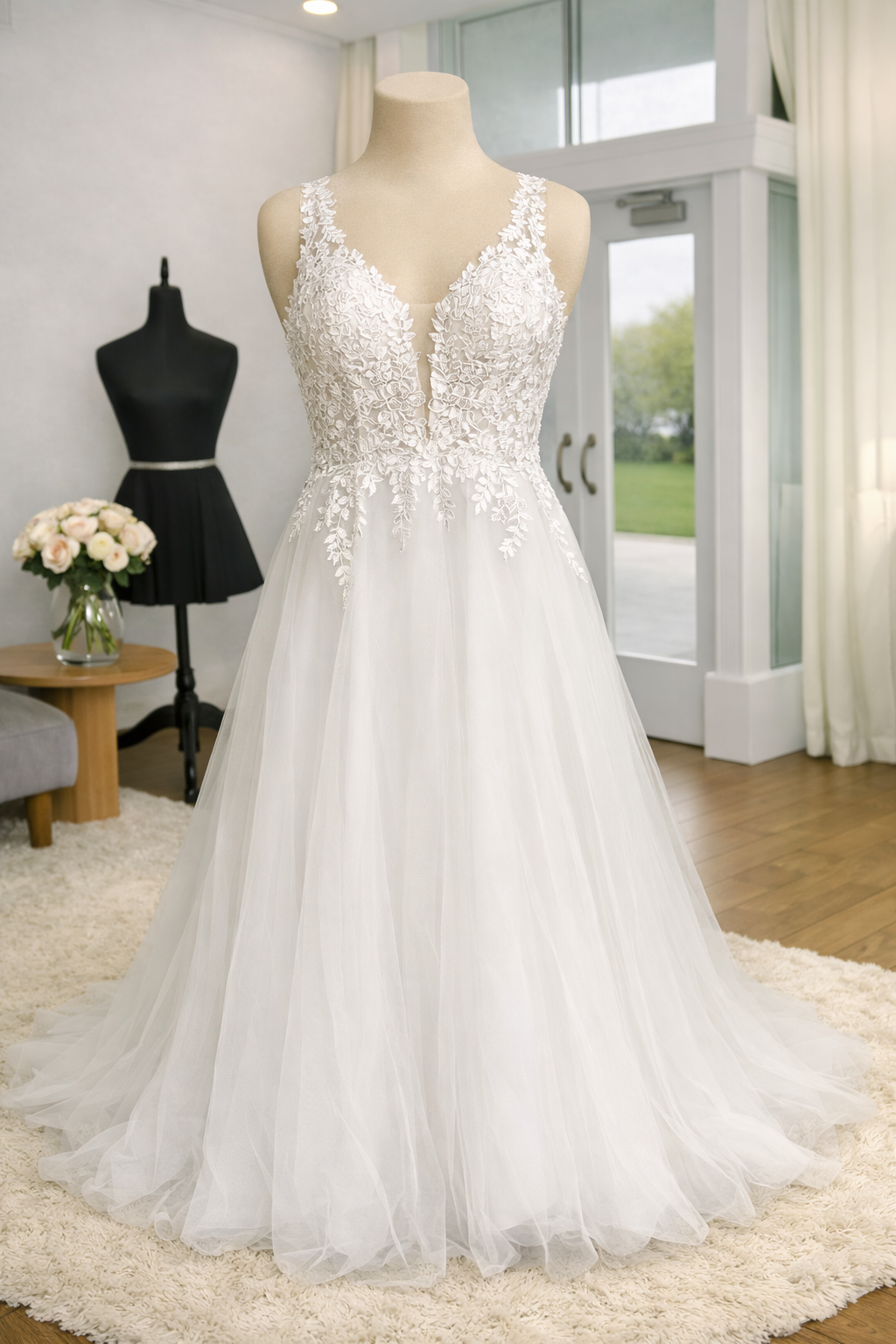 Wedding dress with lace bodice and tulle skirt on display in a fitting room.