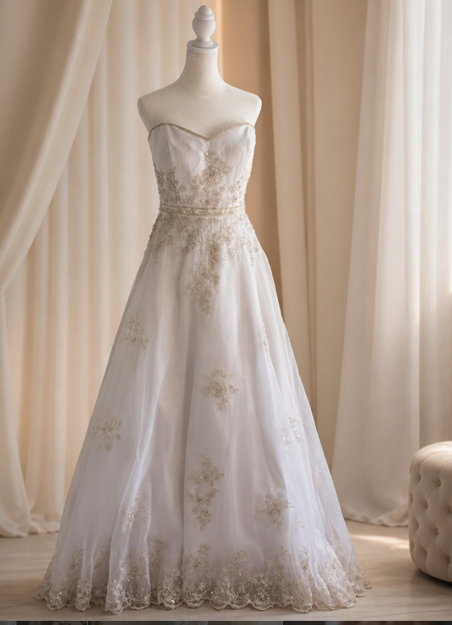 A white wedding dress with lace and embroidery details displayed on a mannequin in a well-lit room with cream-colored curtains.