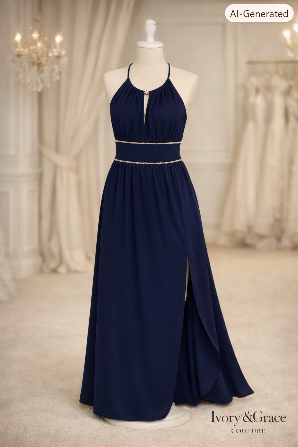 Size 10 Olga Cassini Navy Halter full length with Beaded waist.