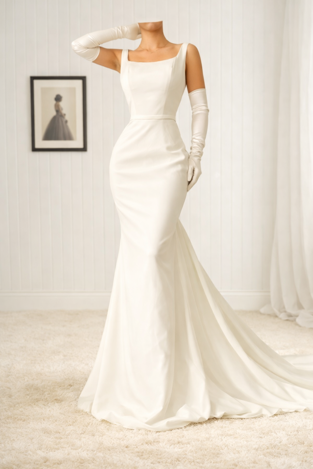 A mannequin wearing a white wedding dress with long satin gloves, standing in a room with a framed picture of a woman in a gown on the wall.