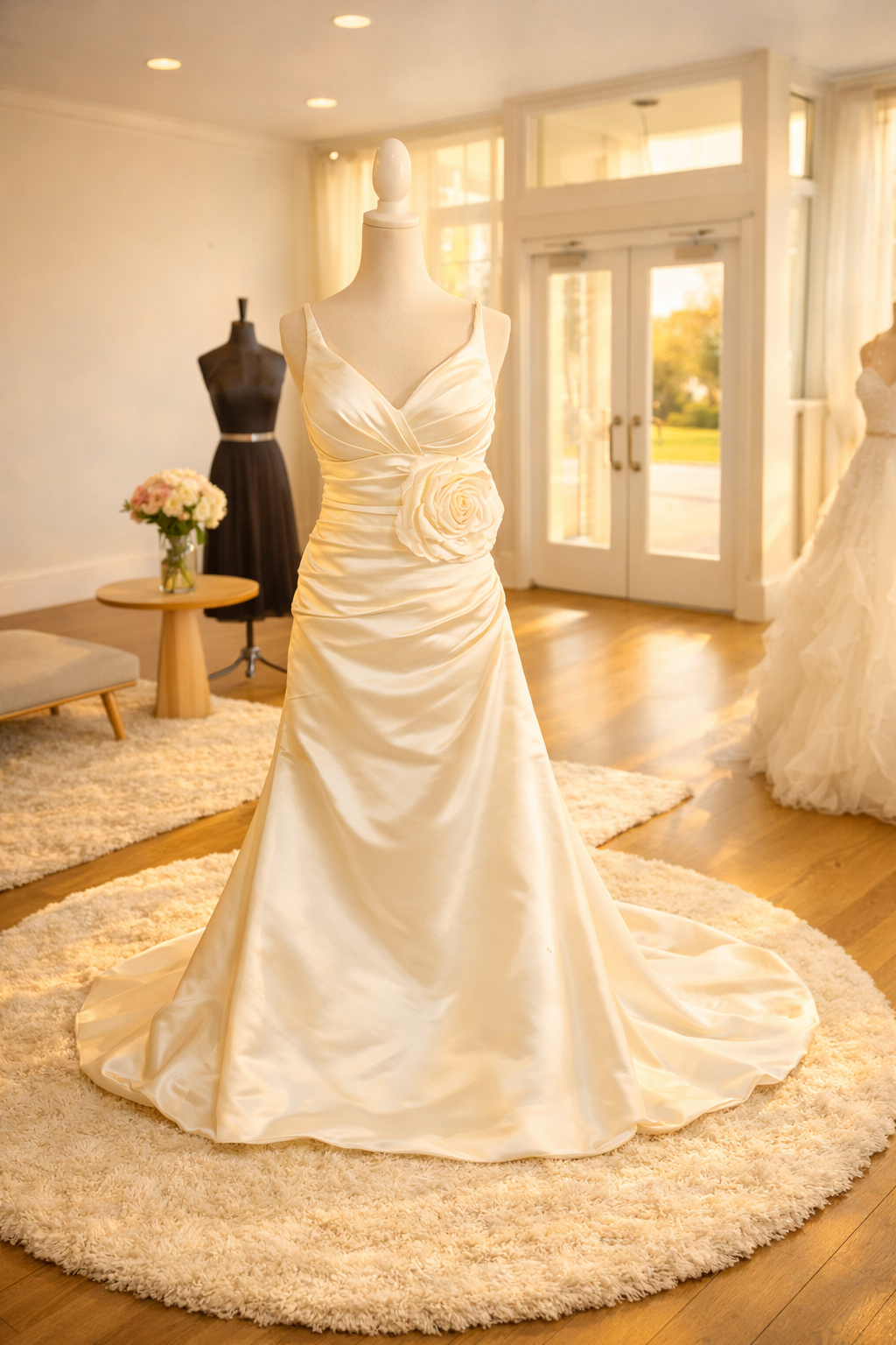 A white satin wedding dress with a large floral detail on the waist displayed on a mannequin in a bridal shop. Additional wedding gowns and a black dress on a mannequin are visible in the background.