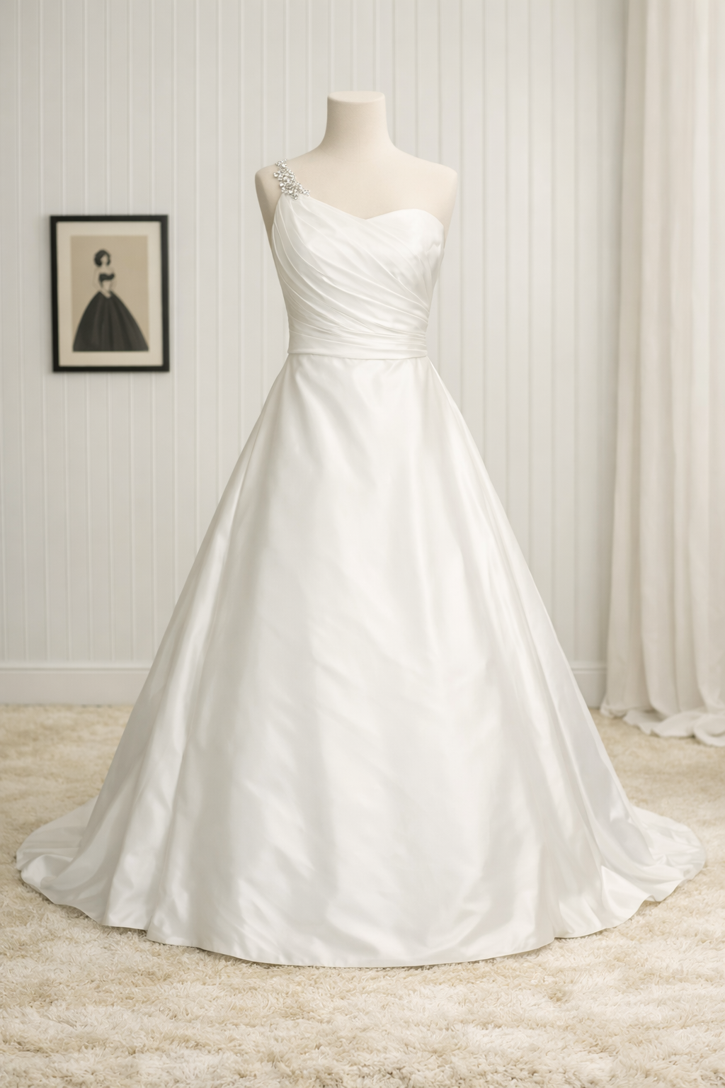 A white wedding dress with a fitted bodice and a full skirt displayed on a mannequin in a bright room with white paneled walls and a framed picture of a woman in a black dress and bowtie on the wall.