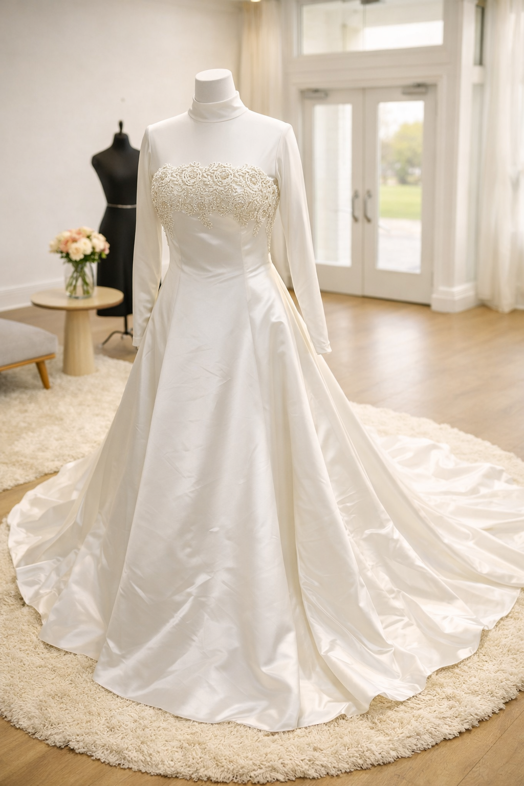 A wedding dress displayed on a mannequin in a bright room with large windows and wooden floors, with a mannequin of a black dress and a small table with flowers in the background.