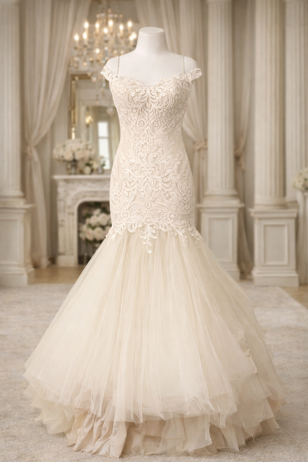 Elegant wedding dress on a mannequin in a luxurious, cream-colored room with ornate drapes, a chandelier, and floral decorations.