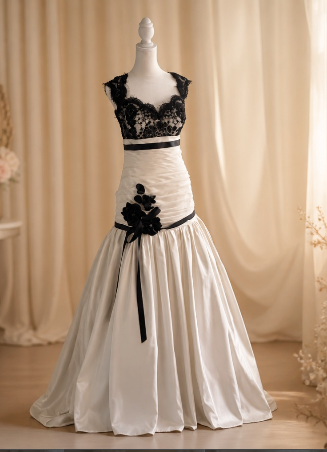 A wedding dress displayed on a mannequin with a beige curtain background