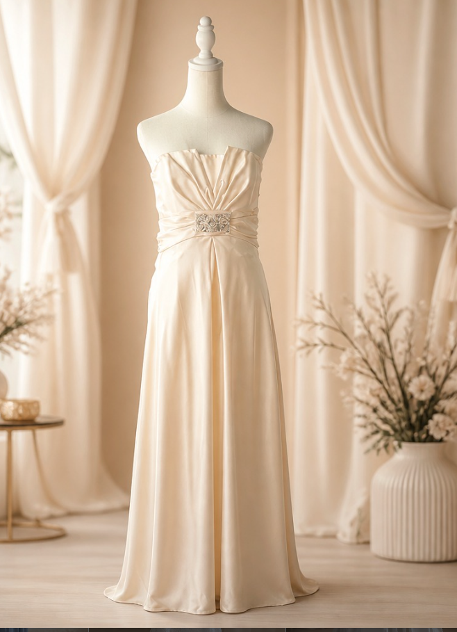 Elegant ivory strapless wedding dress on display with gathered bodice and decorative belt, set against soft beige curtains and floral decor.