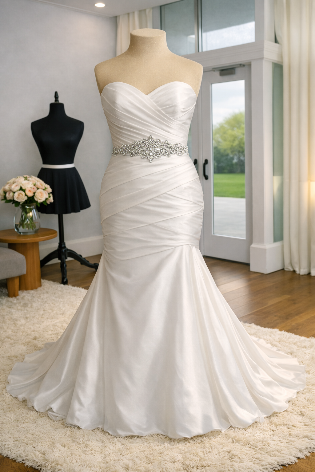 White wedding gown on mannequin with intricate belt, set in a room with natural light, next to a black dress form and a bouquet of pink roses.