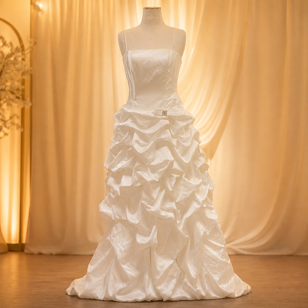 A white wedding dress displayed on a mannequin against a warm, yellowish backdrop with draped curtains.