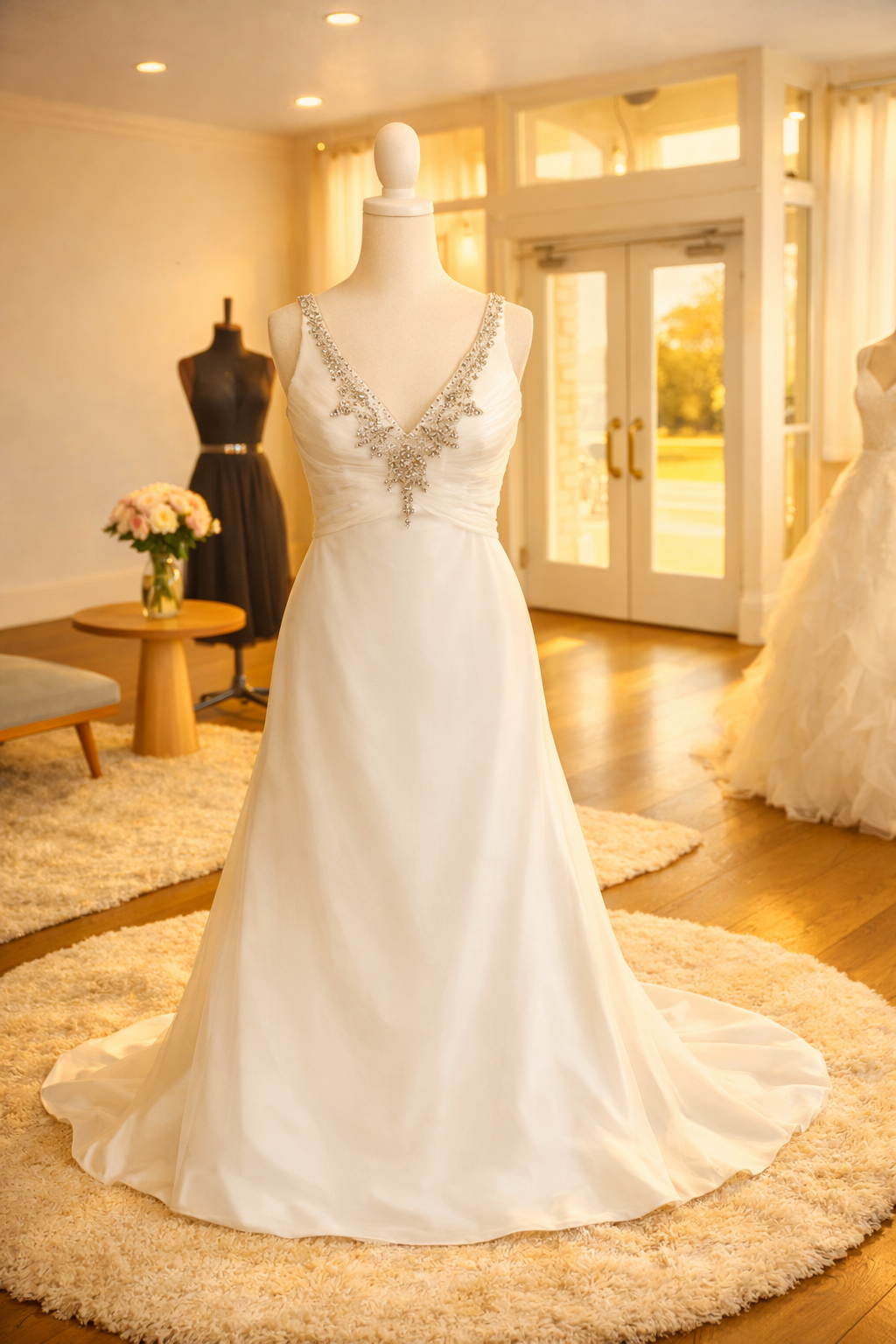 A wedding dress with intricate beaded embellishments on the bodice, displayed on a mannequin in a well-lit boutique with large glass doors and windows, wooden floors, and additional dresses and furniture in the background.