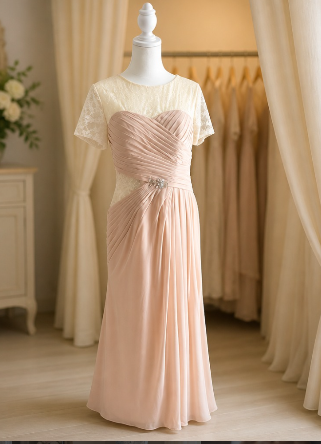 Elegant blush pink evening gown with pleated bodice and lace short sleeves, displayed on a white mannequin in a bridal boutique.
