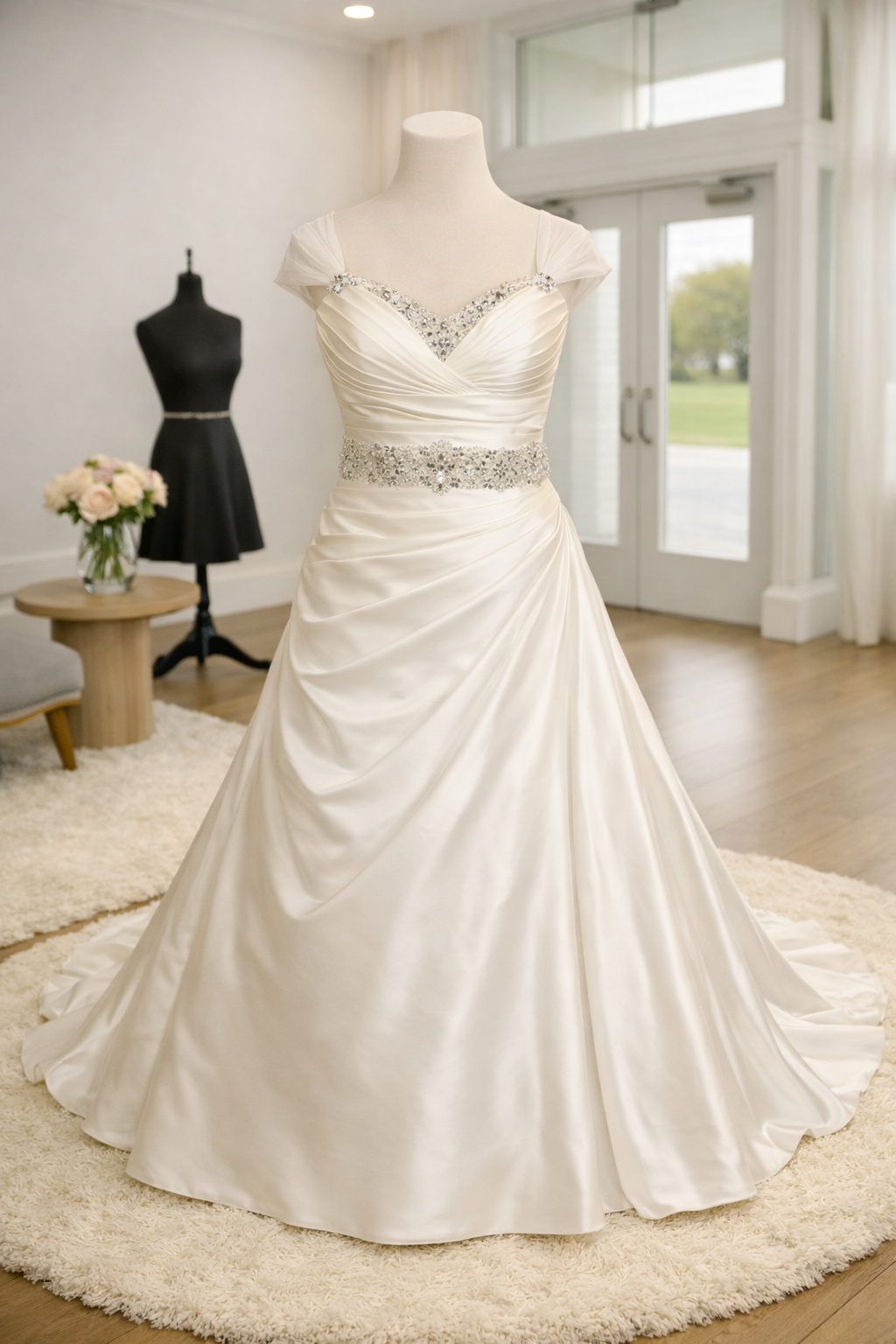 A white wedding dress with embellishments on the bodice and waistband displayed on a dress form in a room with large windows, hardwood floors, and a small table with a vase of pink and white flowers.