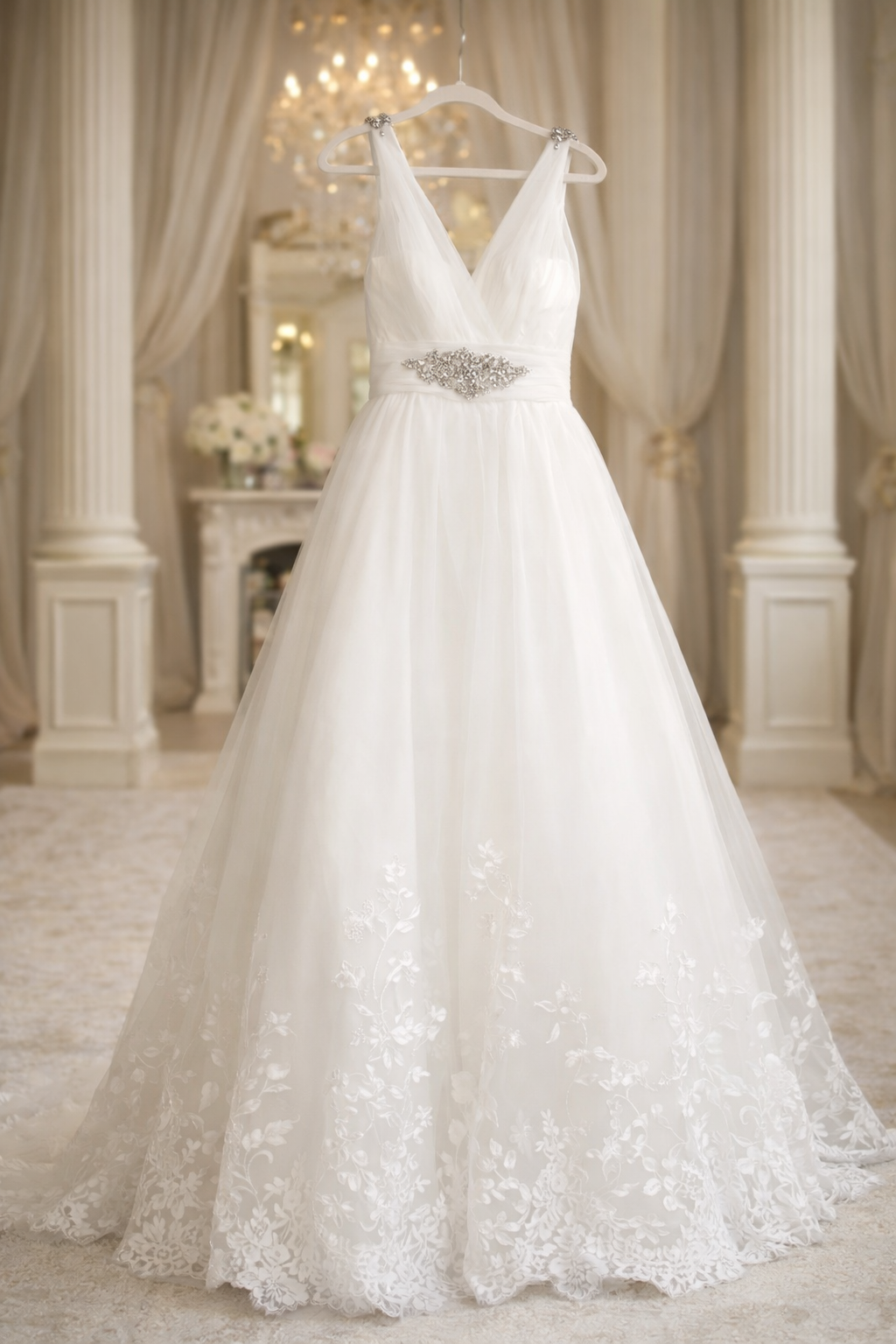 A white wedding dress hanging on a hanger in a luxurious room with cream-colored curtains and classical decor.