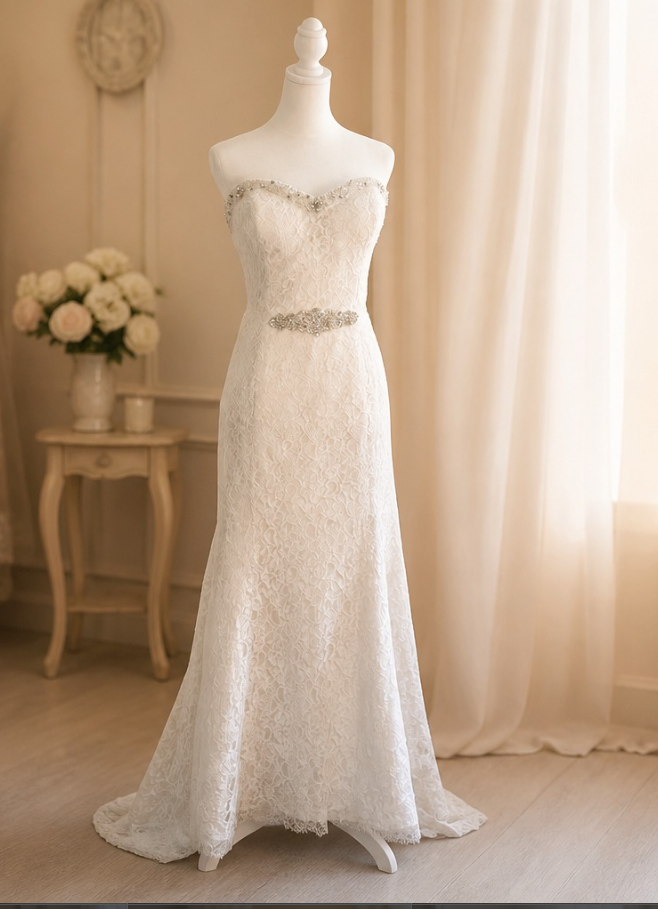 A white wedding dress with lace fabric, strapless bodice, and a decorative belt displayed on a mannequin in a softly lit room.