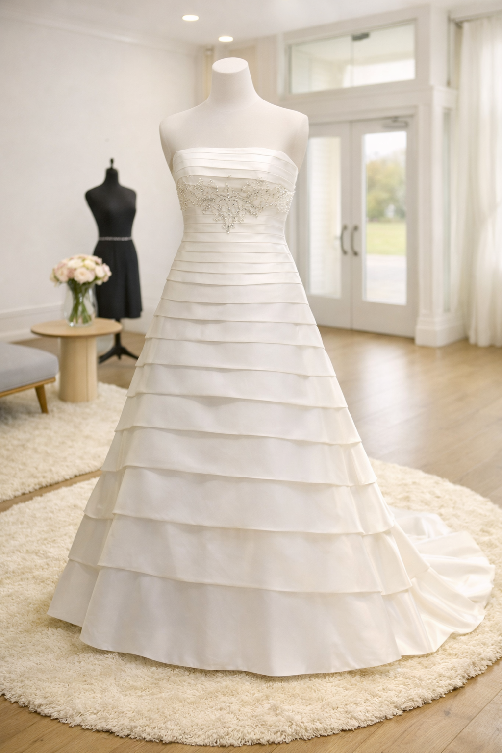 A white wedding dress on a mannequin in a bright boutique with large windows, a black dress on a stand in the background, and a small table with a vase of pink and white flowers.