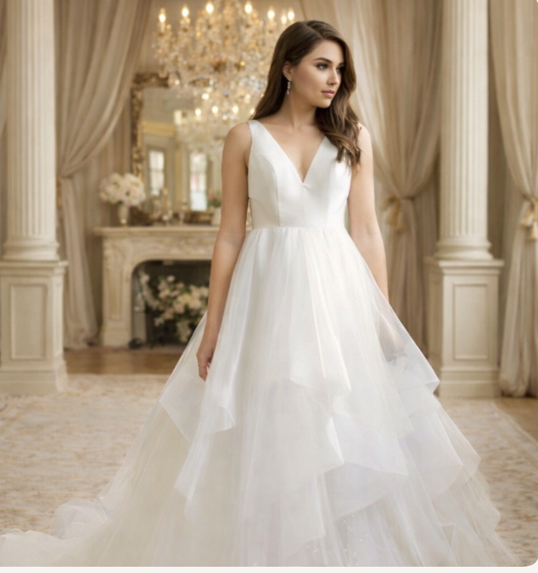 A young woman in a white wedding gown standing in an elegant, luxurious room with chandeliers, draped curtains, and ornate furniture.