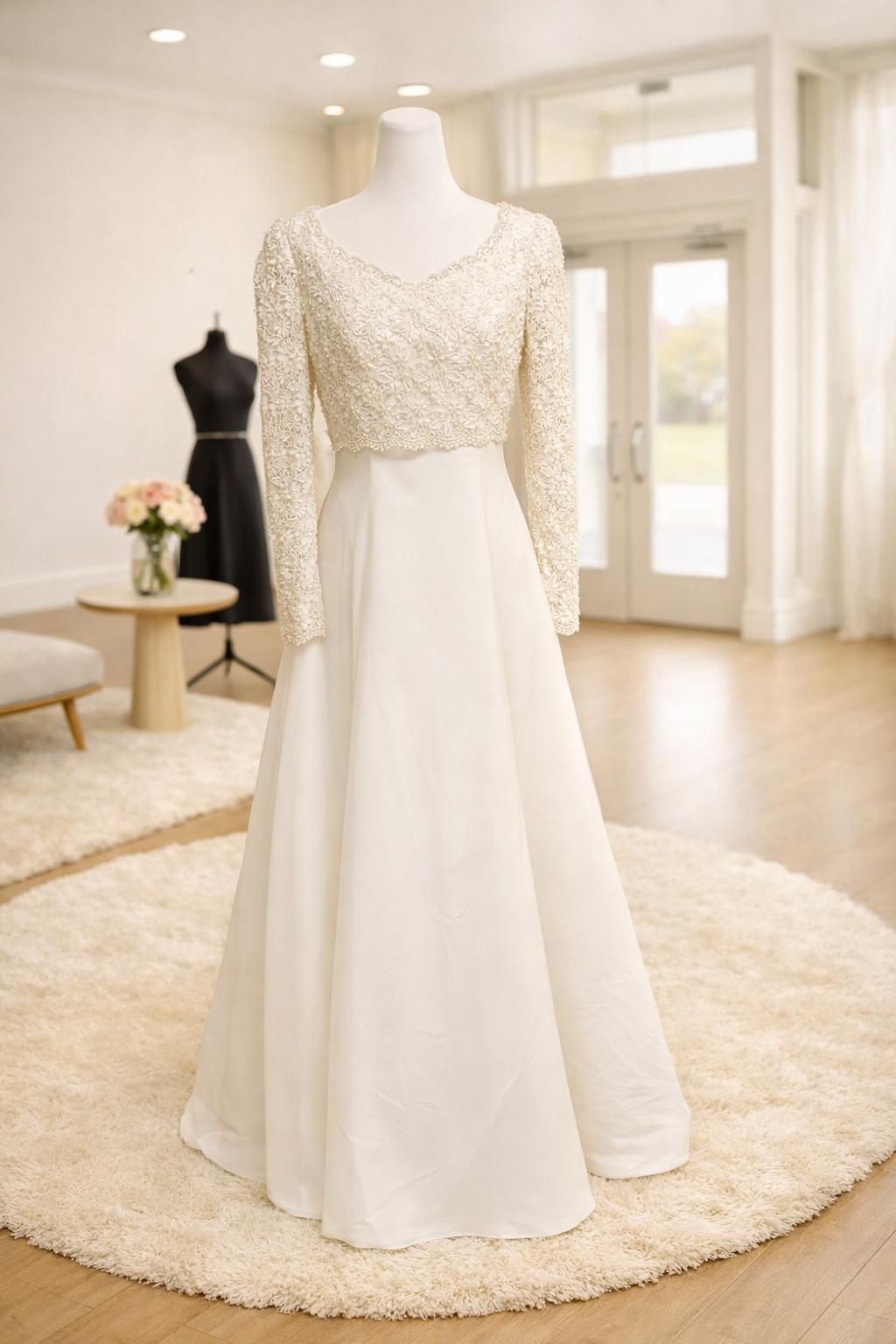 An elegant wedding dress with lace long sleeves and a satin skirt displayed on a mannequin in a bright room with large windows and wooden floors. A black dress is on a mannequin in the background, with a small round table holding a vase of pink and w