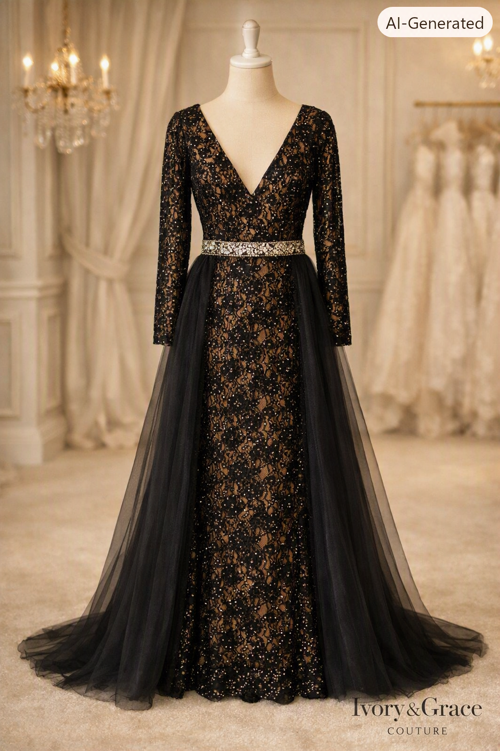 Elegant black and gold lace evening gown with long sleeves, V-neckline, and a glittering belt, displayed on a mannequin in a luxurious boutique setting.