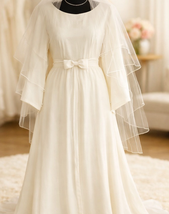 Elegant white wedding dress with layered tulle sleeves and a bow at the waist, displayed on a mannequin in a bright room with floral decor in the background.