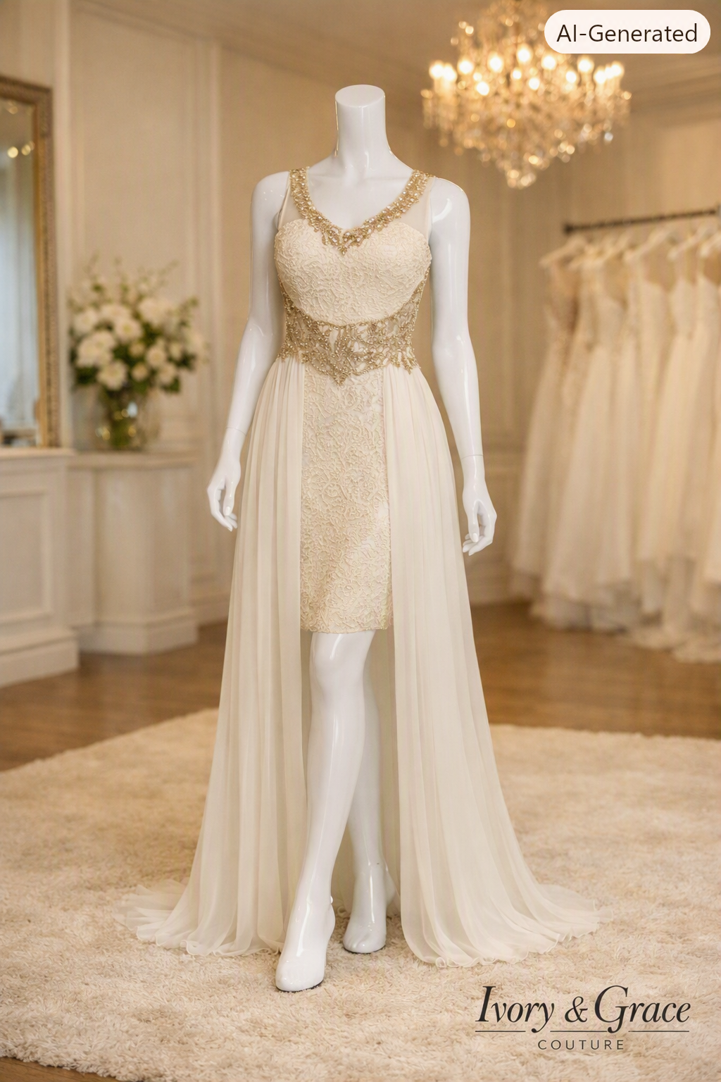 A wedding dress on a mannequin in a bridal boutique, featuring intricate lace and beaded embellishments with a flowing train.