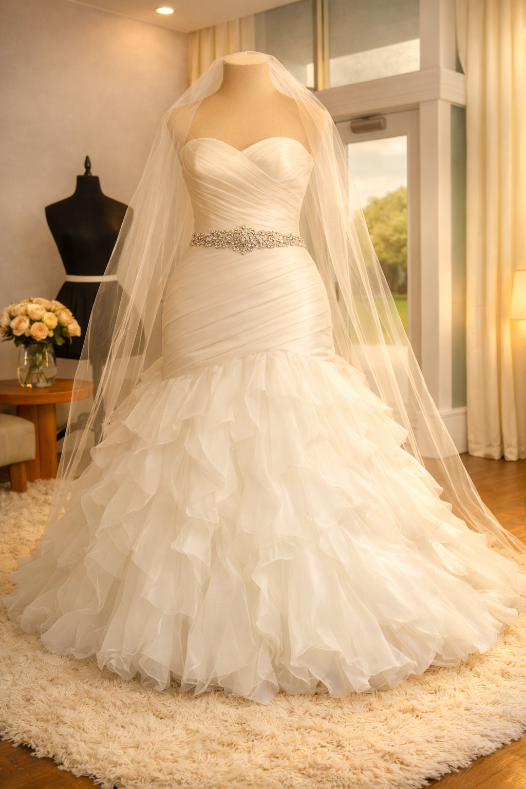 A white wedding dress on a mannequin in a room with large windows, floral decor, and beige curtains.
