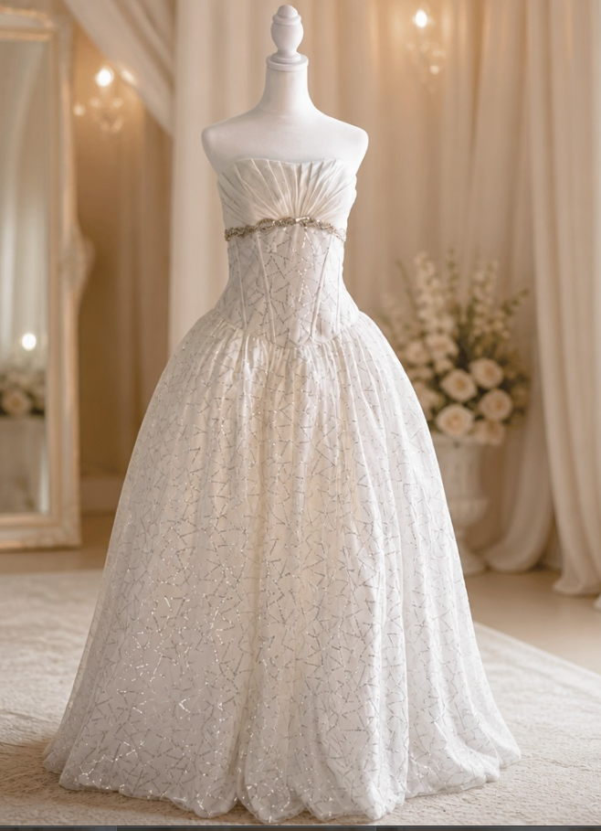 A white wedding dress with a strapless bodice, gathered fabric detail, and a full, patterned skirt on a dress form in a decorated room.