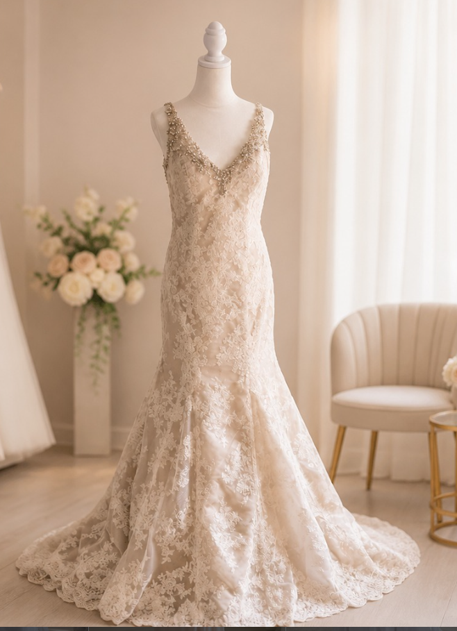 Elegant ivory lace wedding dress on a mannequin, displayed in a bridal boutique with a flower arrangement and a white cushioned chair in the background.