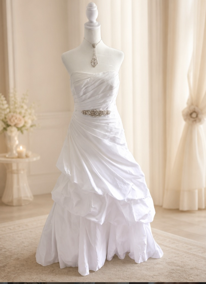 White wedding dress on a mannequin in a softly lit room with cream-colored curtains and floral decor.