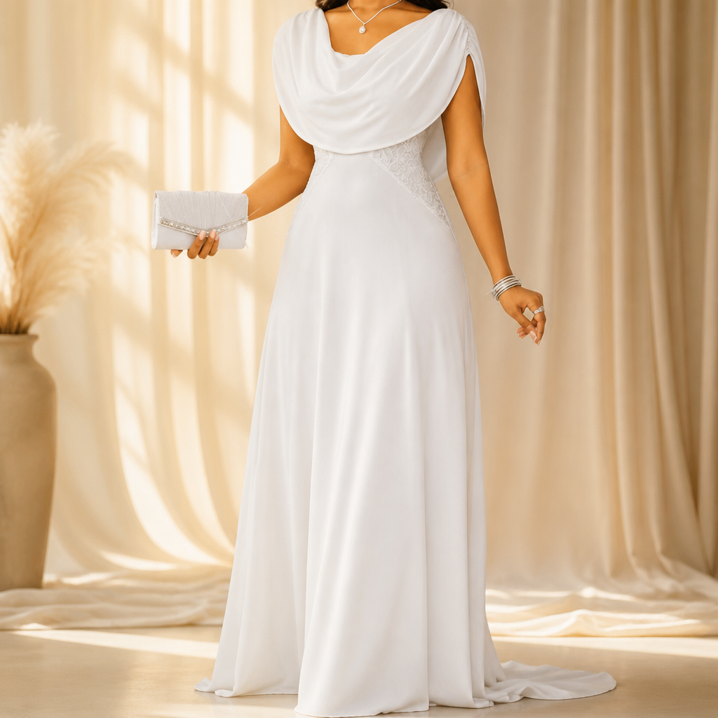 A woman in a white wedding dress holding a matching clutch, standing in front of a neutral-colored curtain and decor.