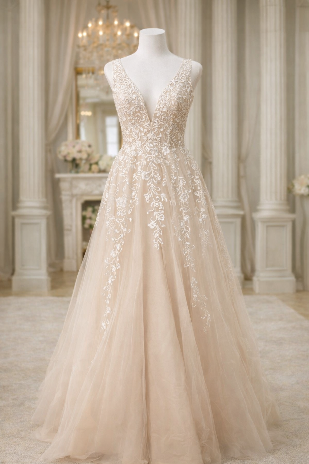 Elegant ivory wedding dress with floral lace embroidery and a full tulle skirt displayed in a luxurious room with chandeliers and floral arrangements.