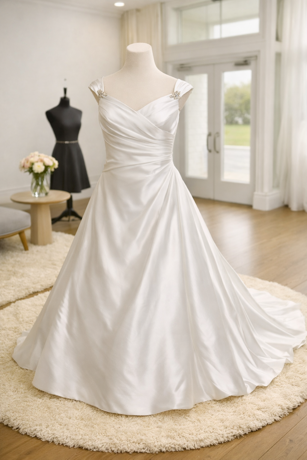 White wedding dress on a mannequin in a bright room with a large window, with a black dress on a mannequin in the background and a vase of flowers on a small table.