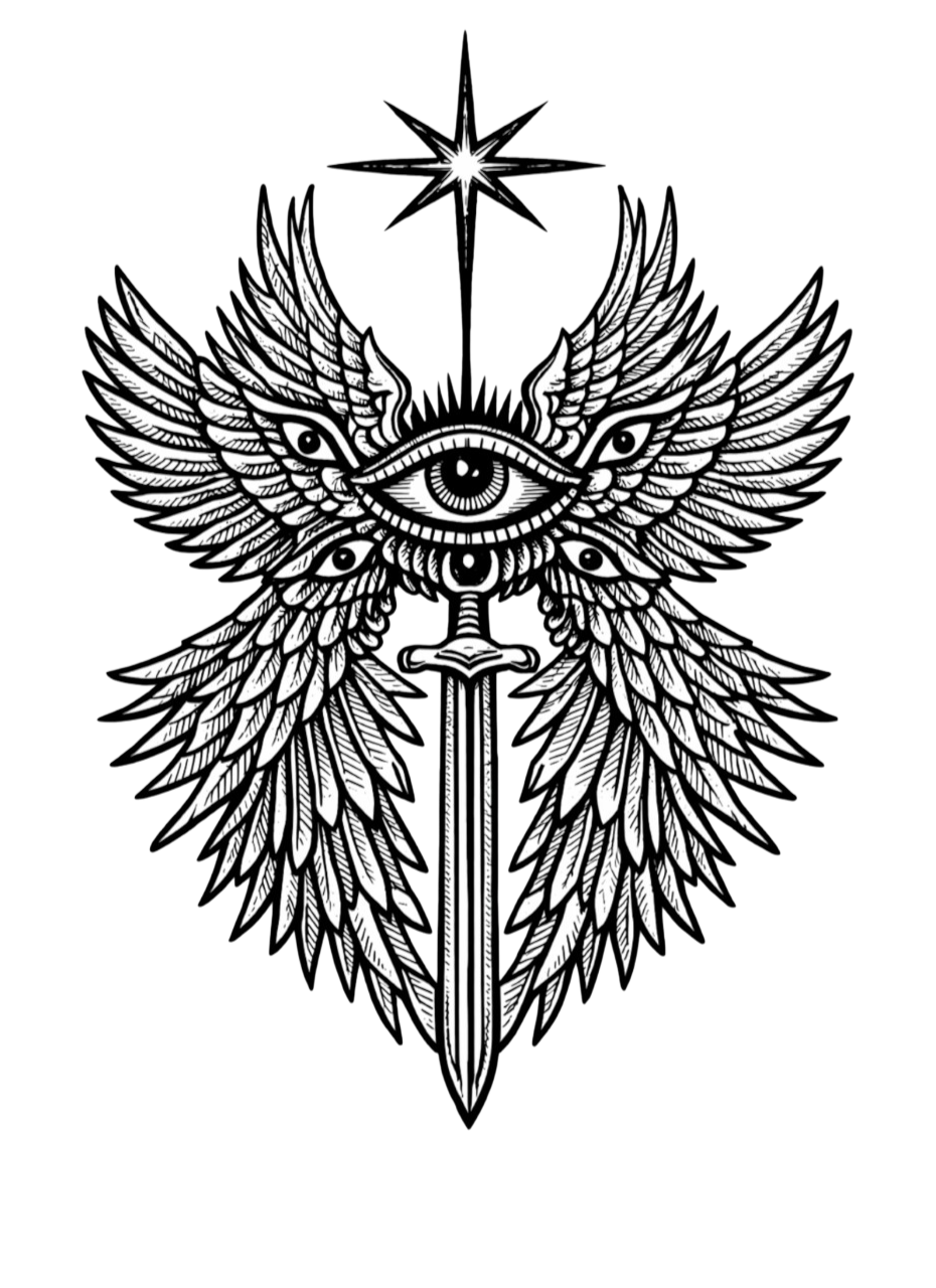 Black and white illustration of an eye with wings, a sword, and a star on top.