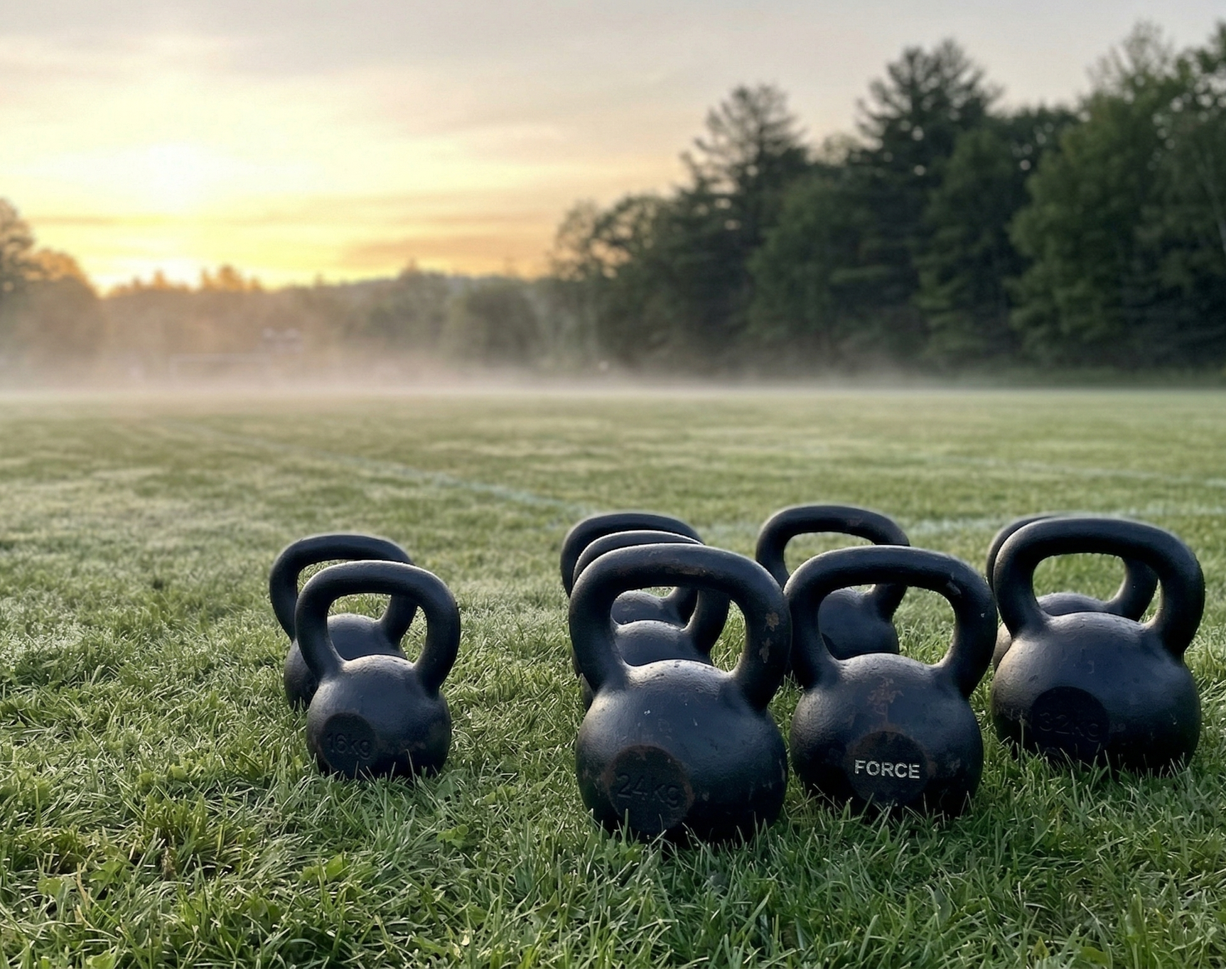 Six black kettlebells with weights marked on them, placed on a grassy field during sunrise or sunset with a light mist in the background and trees.