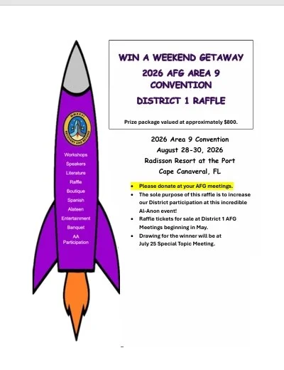 Flyer for 2026 Area 9 Convention raffle featuring a purple rocket with orange flames. Text announces a weekend getaway raffle, details dates August 28-30, 2026, at Radisson Resort at the Port, Cape Canaveral, FL, with a prize valued at approximately $800. Additional notes about AFG meetings, ticket sales, and a drawing on July 25.