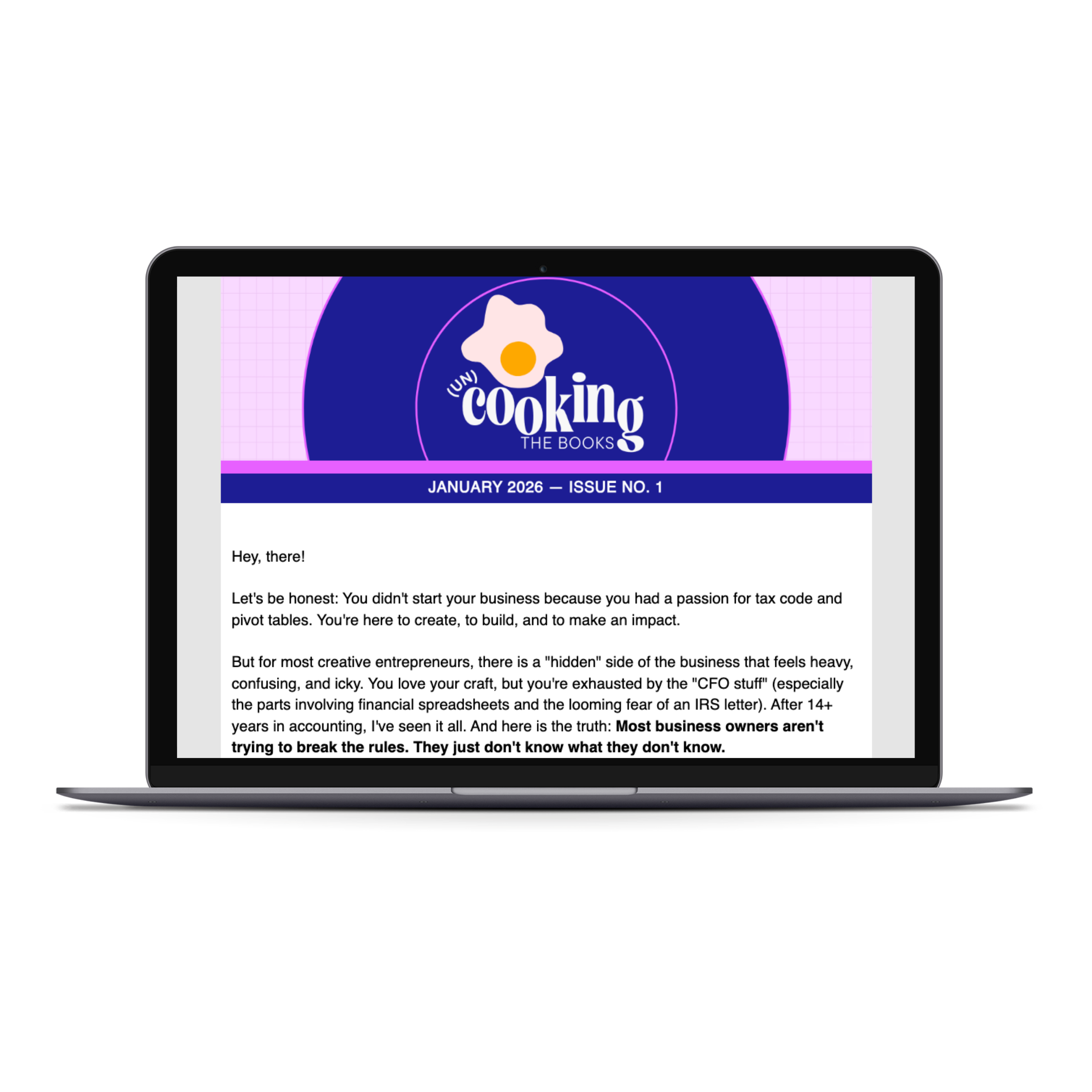 Screenshot of an online magazine titled 'Cooking The Books', January 2026, Issue No. 1, with a dark blue, purple, and pink color scheme and a logo featuring an egg and a frying pan.