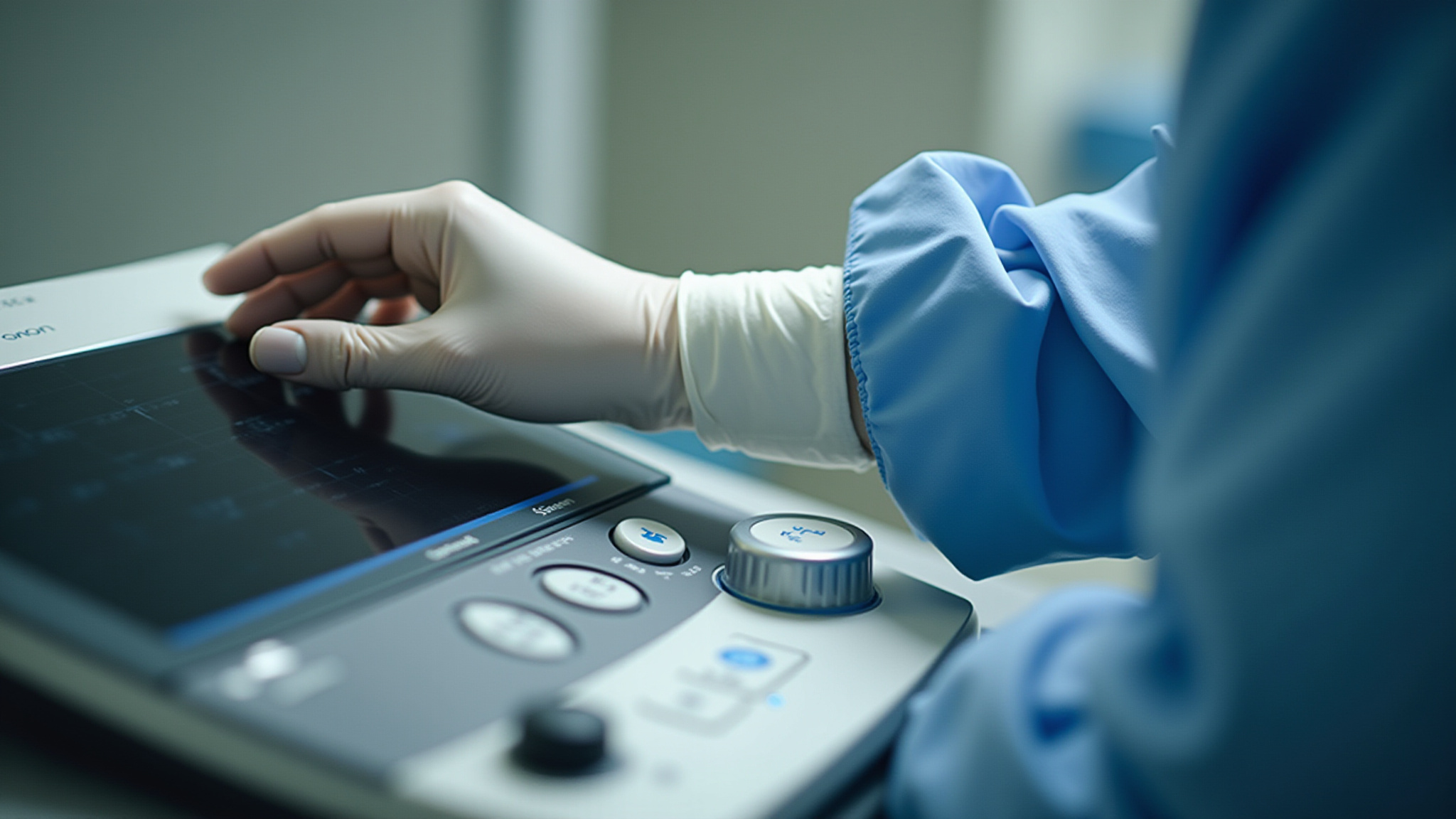 A dentist anesthesiologist precisely adjusting anesthesia monitoring equipment during a dental procedure.