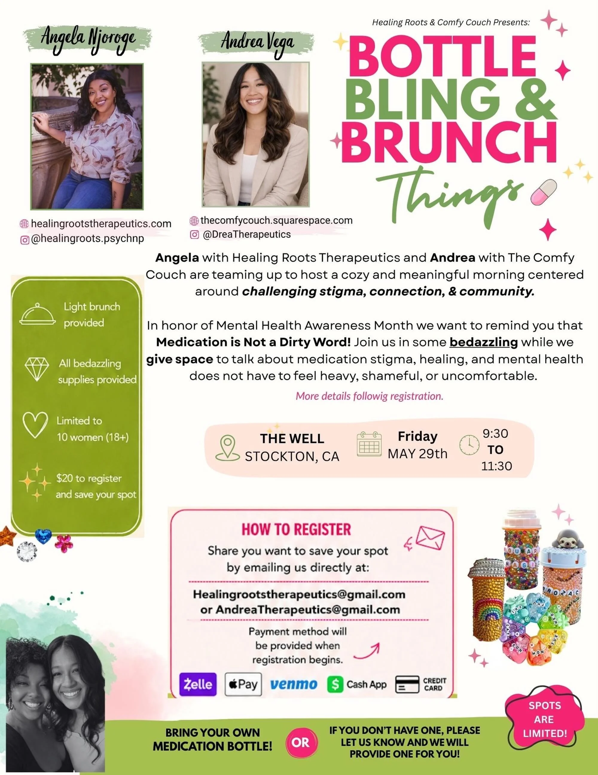 ✨ BOTTLE BLING &amp; BRUNCH THINGS ✨

Medication Is Not a Dirty Word. 💊💖

Join Angela Njoroge with Healing Roots Therapeutics and Andrea Vega with The Comfy Couch for a fun and meaningful in-person Mental Health Awareness Month gathering centered a