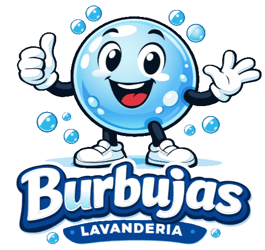 A cartoon water droplet character with a smiling face, giving a thumbs-up and waving, standing above the text "Burbujas Lavandería" with bubbles around it.