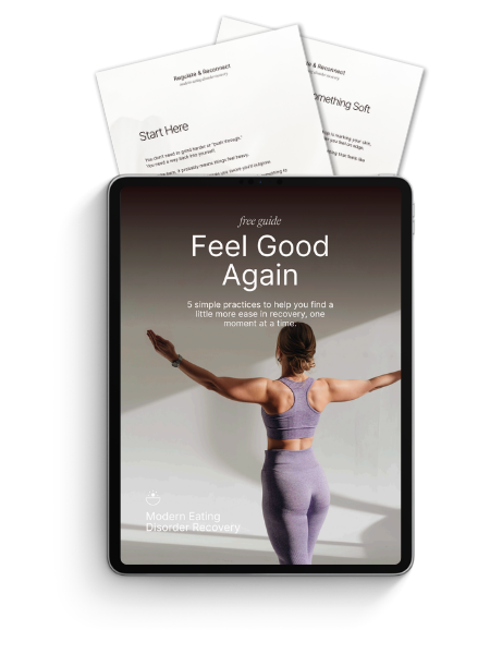 A tablet mockup with two printed pages displaying the free guide titled "Feel Good Again"