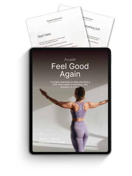 A tablet mockup displaying the free guide titled "Feel Good Again". Behind the tablet are printed documents or pages.