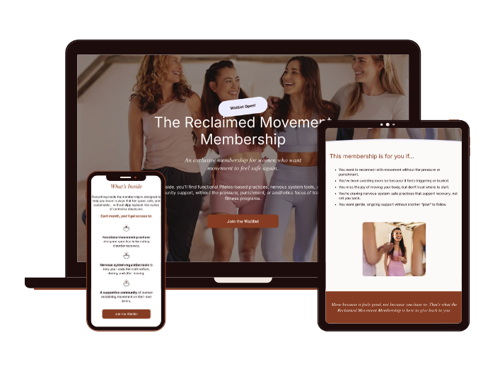 A tablet, laptop, and smartphone displaying content and imagery related to The Reclaimed Movement Membership.