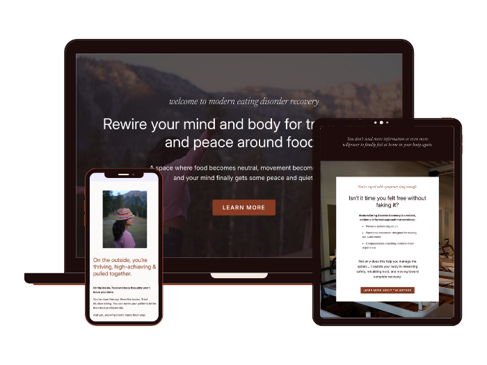 A tablet, laptop, and smartphone displaying content and imagery related to the Modern Eating Disorder Recovery Method.
