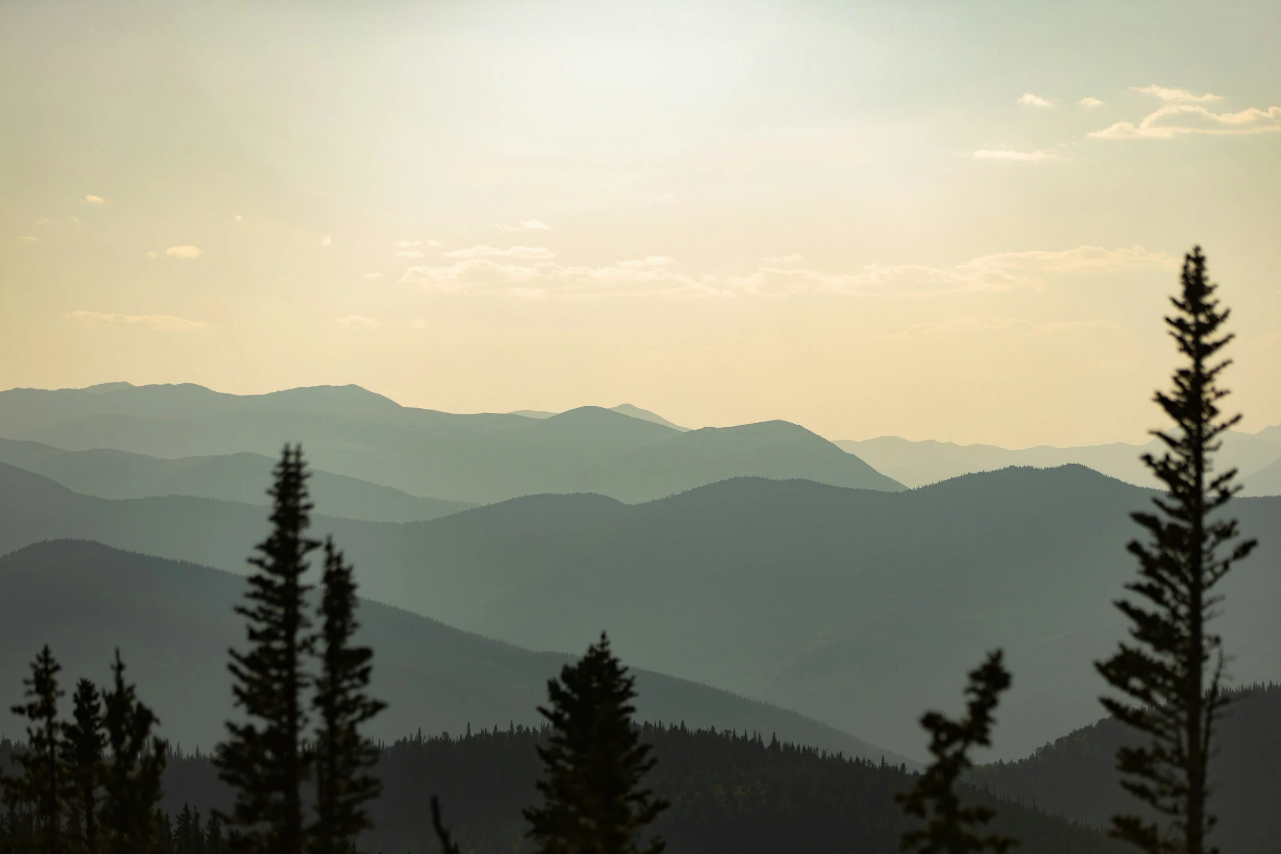 Scenic view of layered mountains with pine trees in foreground, under a partly cloudy sky.