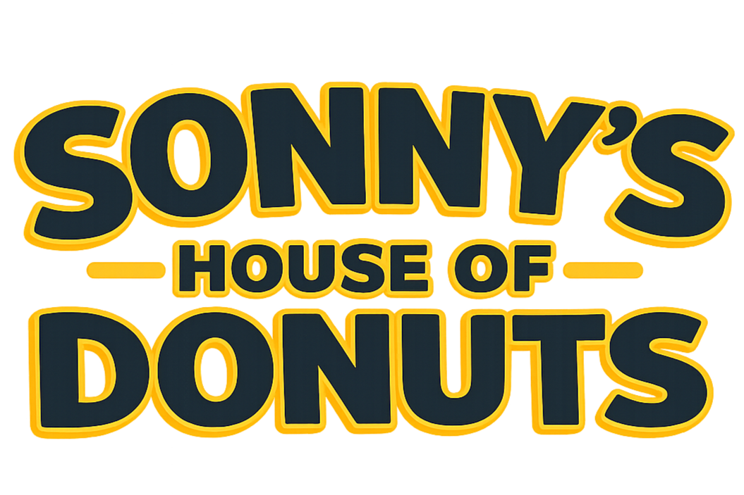 Logo for Sonny's House of Donuts with bold black text outlined in yellow reading 'Sonny's House of Donuts' on a yellow background