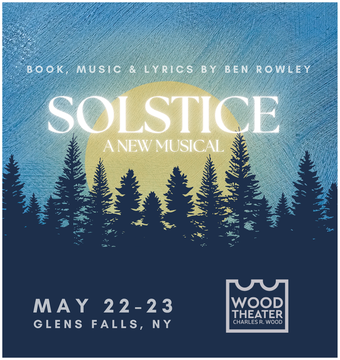 Promotional poster for the musical 'Solstice,' featuring a graphic of dark pine trees in front of a large yellow sun and a blue sky, with white text providing event details.