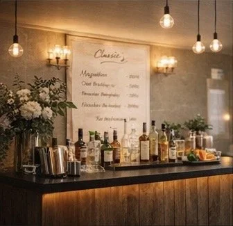 Bar counter with bottles of alcohol, glassware, and plants, illuminated by hanging light bulbs, with a menu on the wall behind.