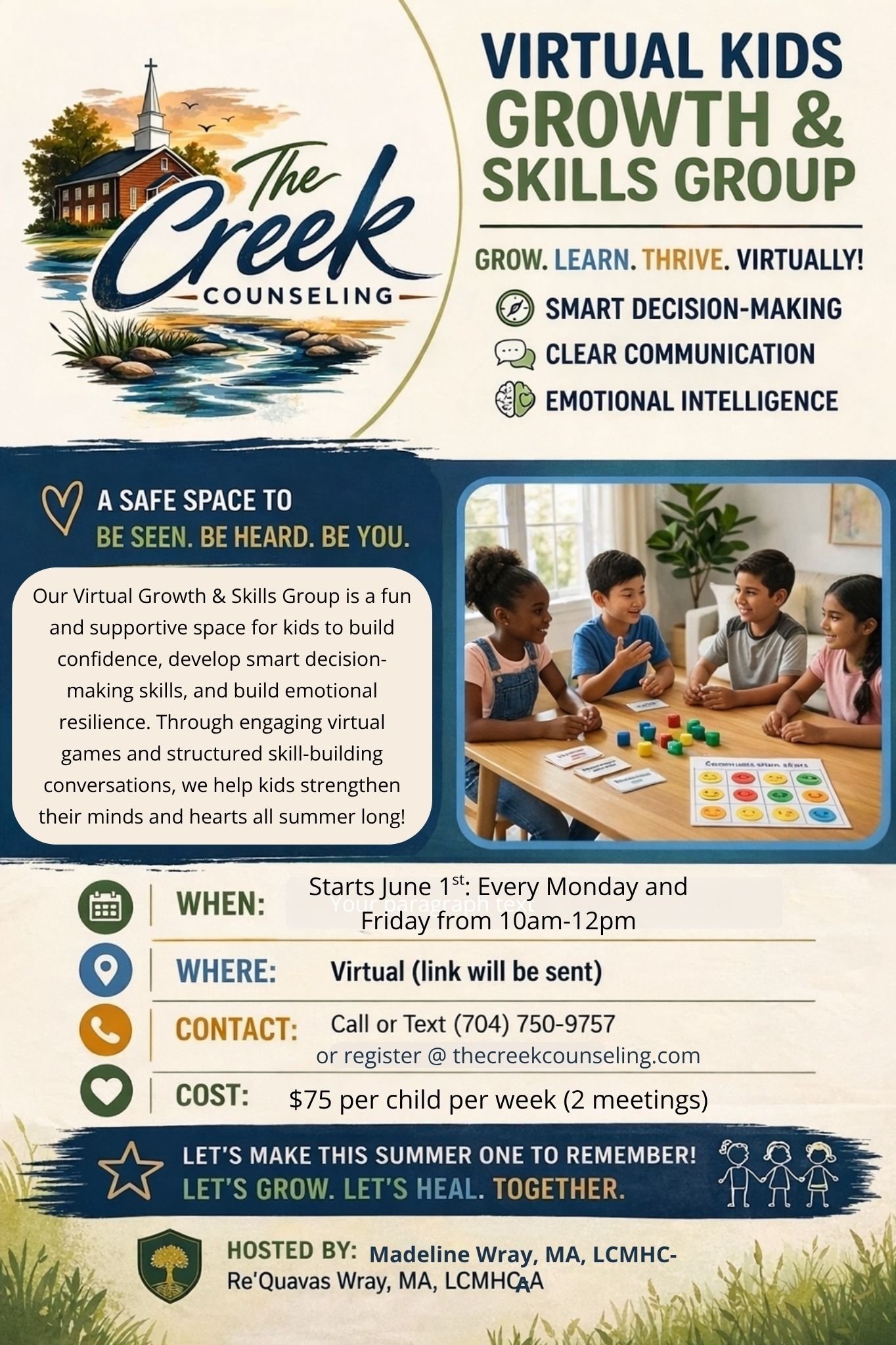 Flyer with a creek and church illustration at the top, promoting The Creek Counseling's virtual Kids Growth & Skills Group, including details about the program's goals, schedule, contact info, and pricing, with a photo of children playing board games.