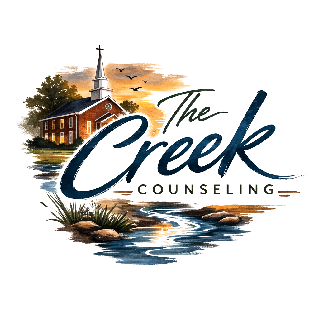 Illustration of a church next to a creek at sunset with trees and birds, with the text 'The Creek Counseling'.