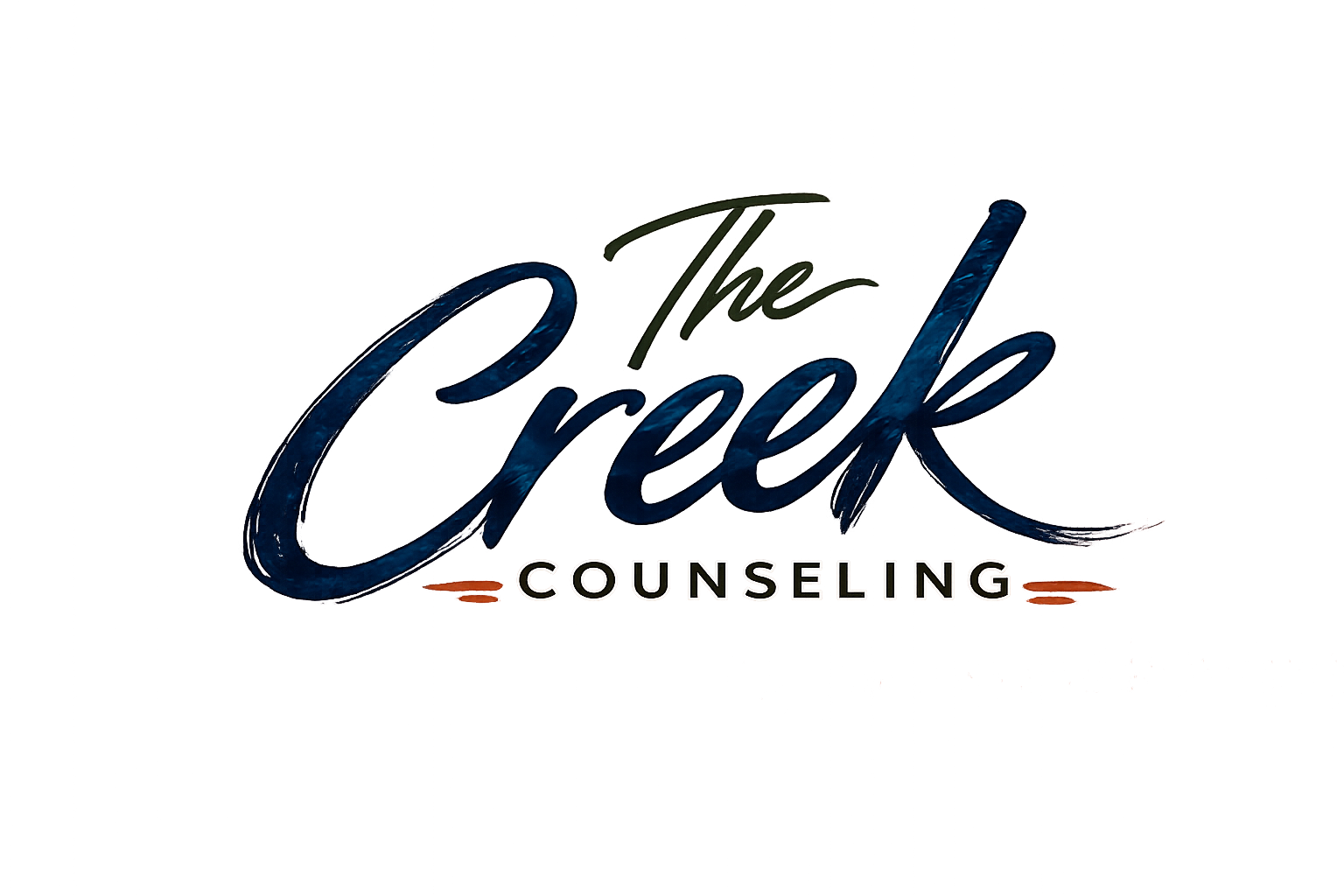 A logo for The Creek Counseling with stylized blue and black cursive text and a neutral background.