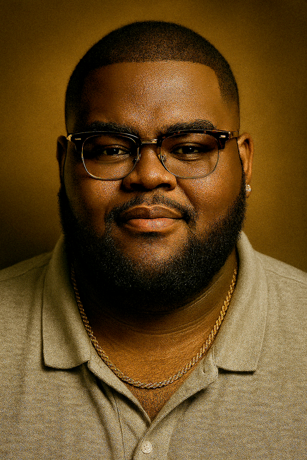 Close-up portrait of a man wearing glasses, a gold chain, and a beige polo shirt, against a brown background.